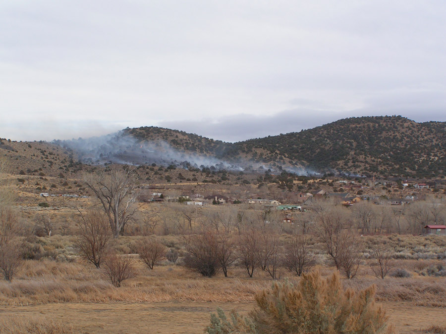 A picture of fire smoke coming from a hillside with pinion pines and juniper trees. 