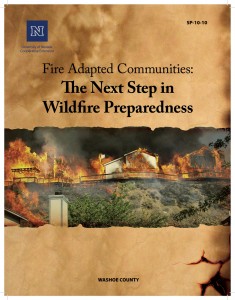 Cover of the publication "Fire adapted communities: The Next Step in Wildfire Preparedness" that features a photo of a house on fire