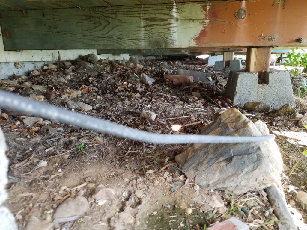 A picture of dead vegetation accumulating under the deck. 